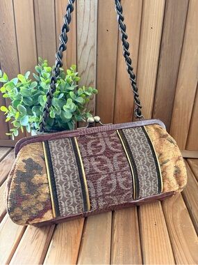 Vintage Style Fossil Tapestry Kiss Lock Clutch, Boho Patchwork Shoulder Bag